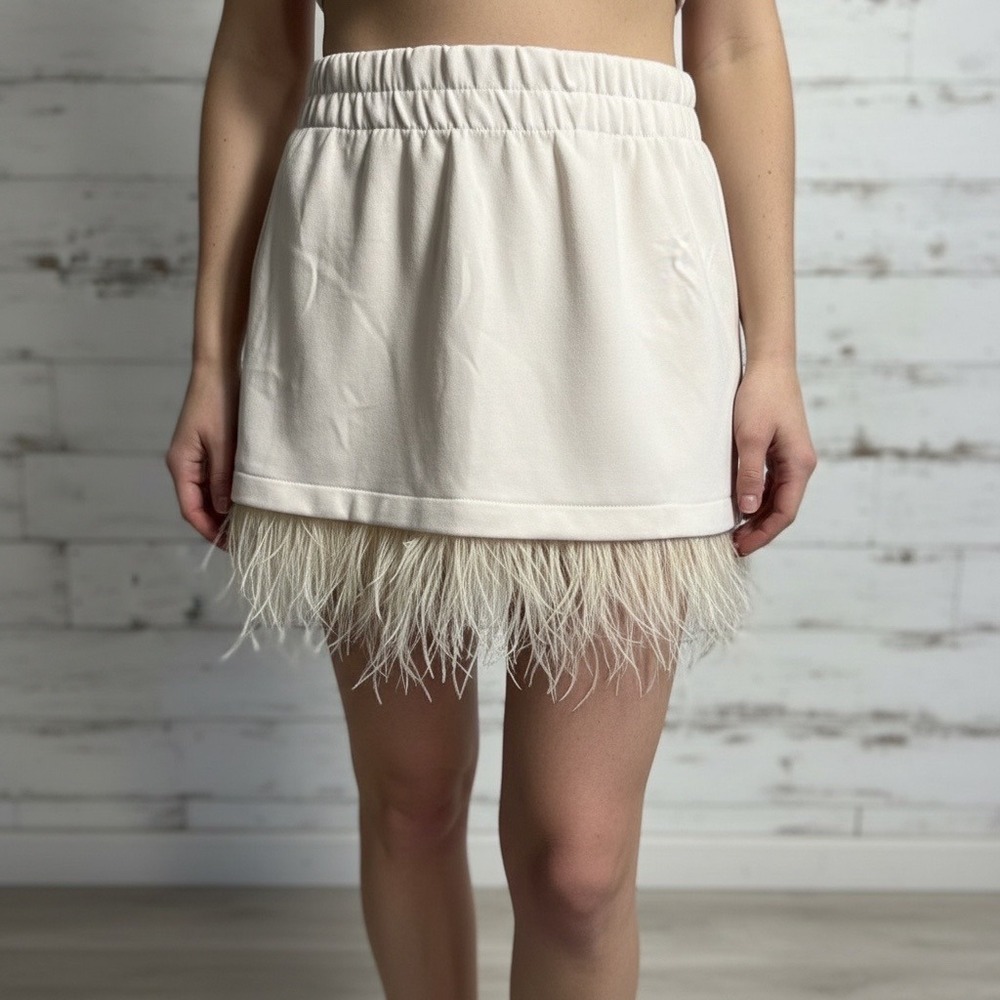 NWT Medium Future Collective Light Pink Mini Skirt Removable Feather Trim
